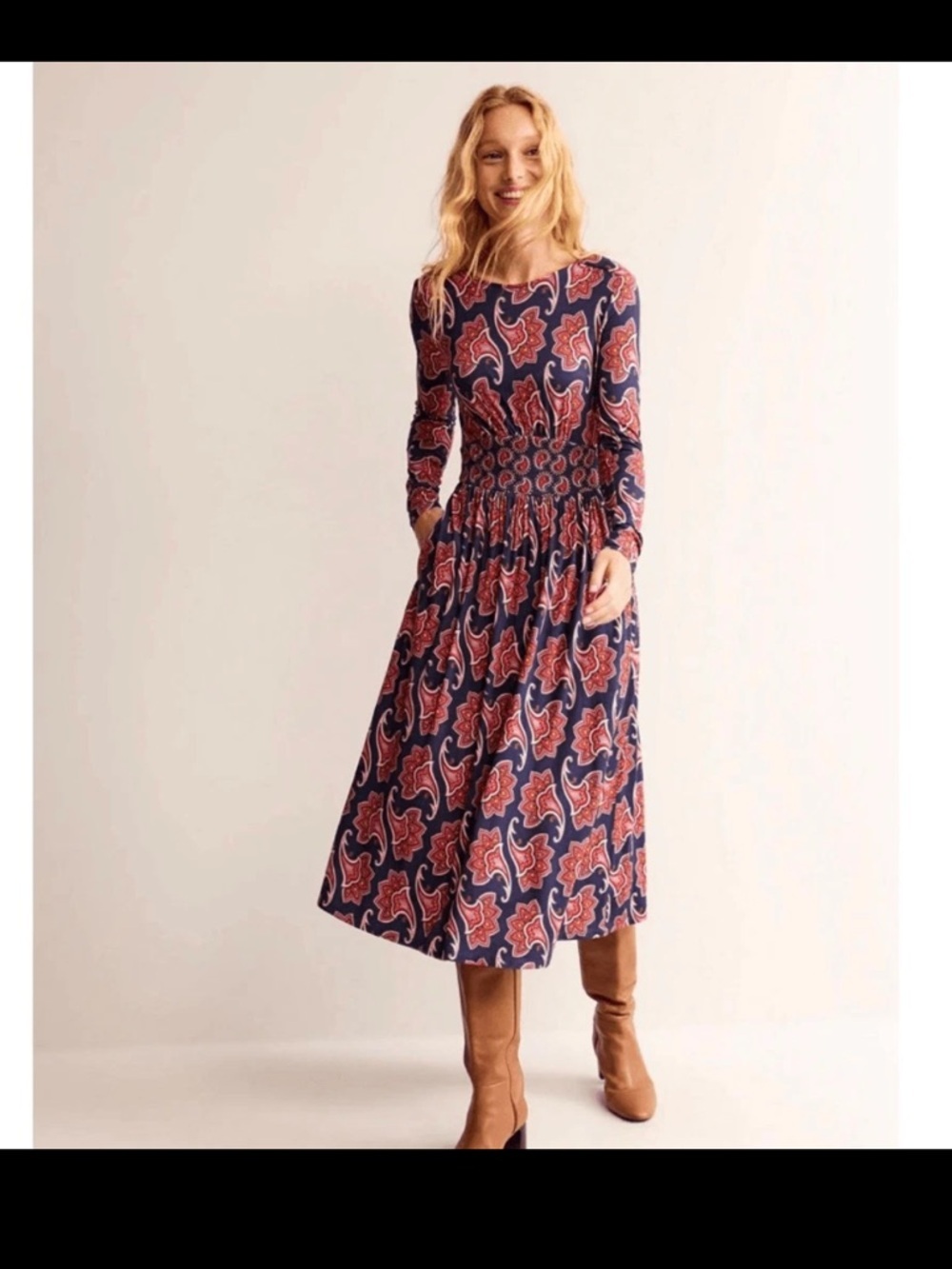 Boden Thea Long Sleeve Midi Dress in French Navy Paisley Amaryllis US 12 $170